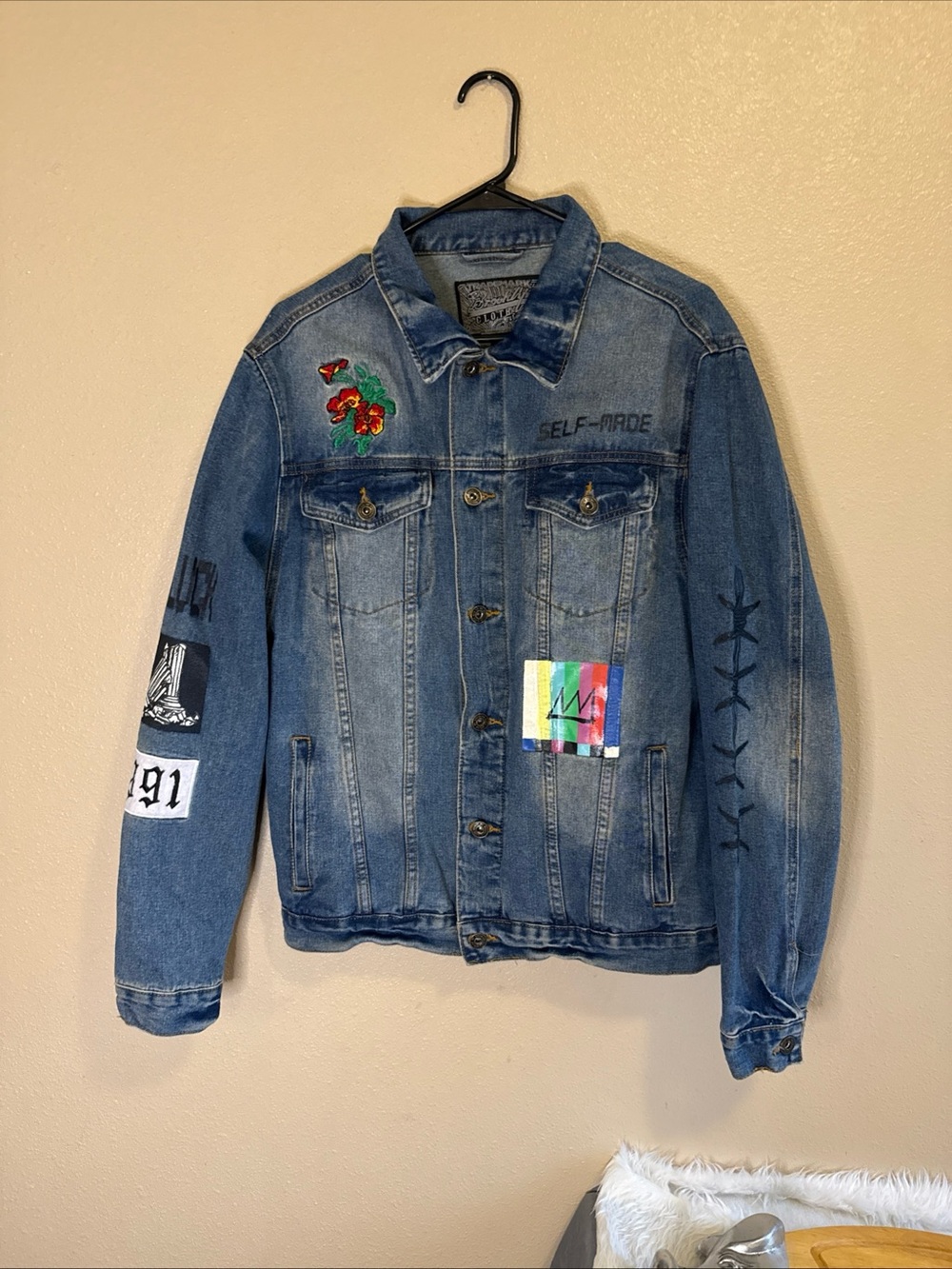 Brooklyn Cloth Blue Distressed Denim Jacket with Embroidered Patches